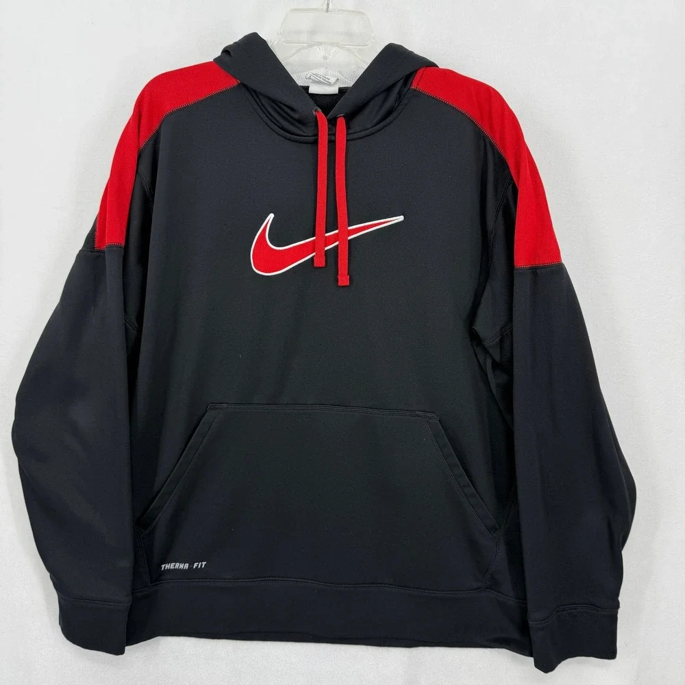 Nike Therma-FIT Mens XL Hoodie Black Red Swoosh Pullover Sweatshirt 438734-011‎